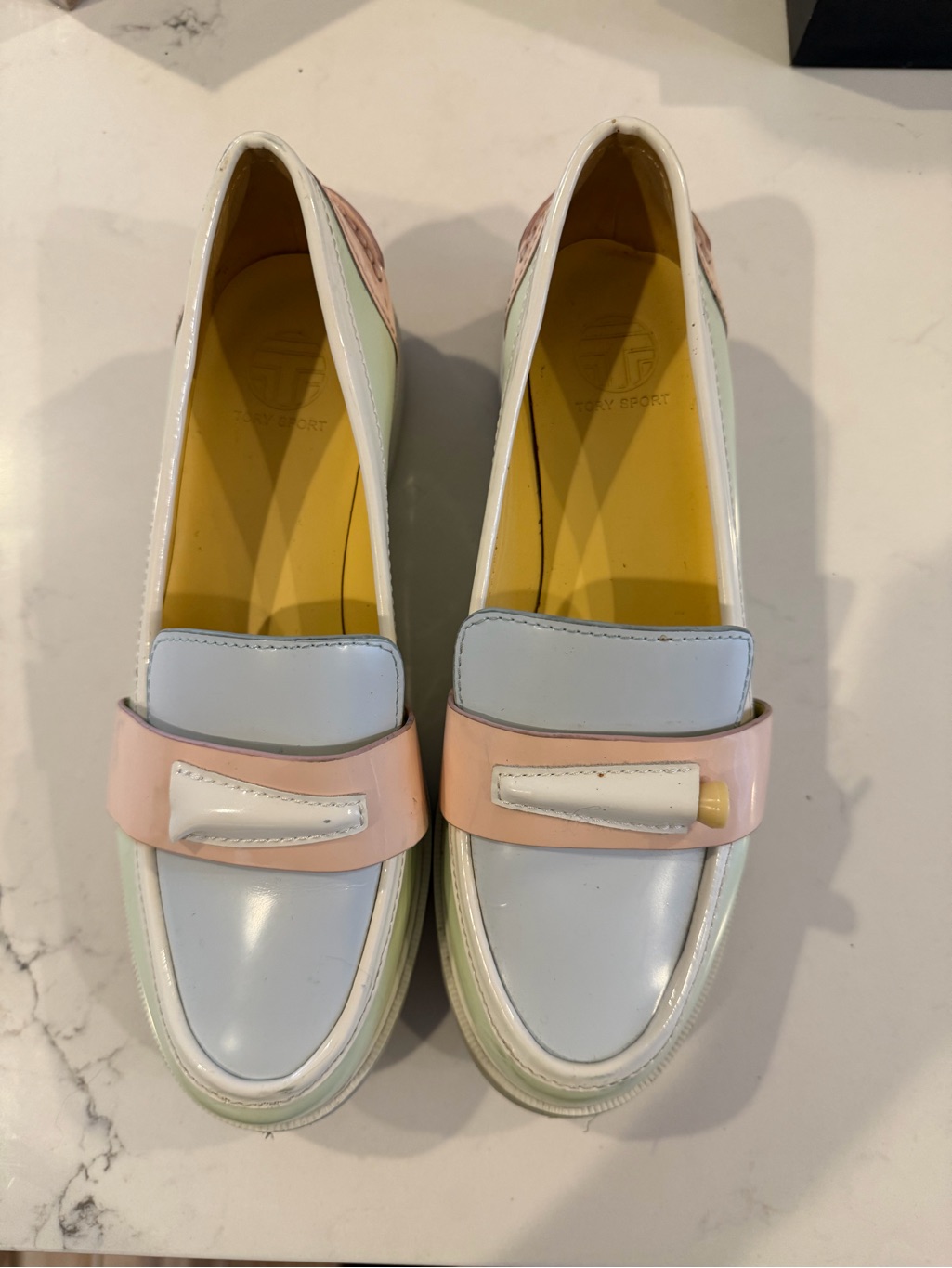 Tory Sport Pastel Patent Golf Loafers In Light Blue, Pink & White